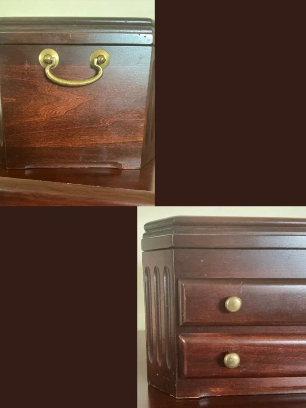VGUC Reed & Barton Cherry 2-Drawer Jewelry Chest / Box w/ Burgundy Velvet Lining